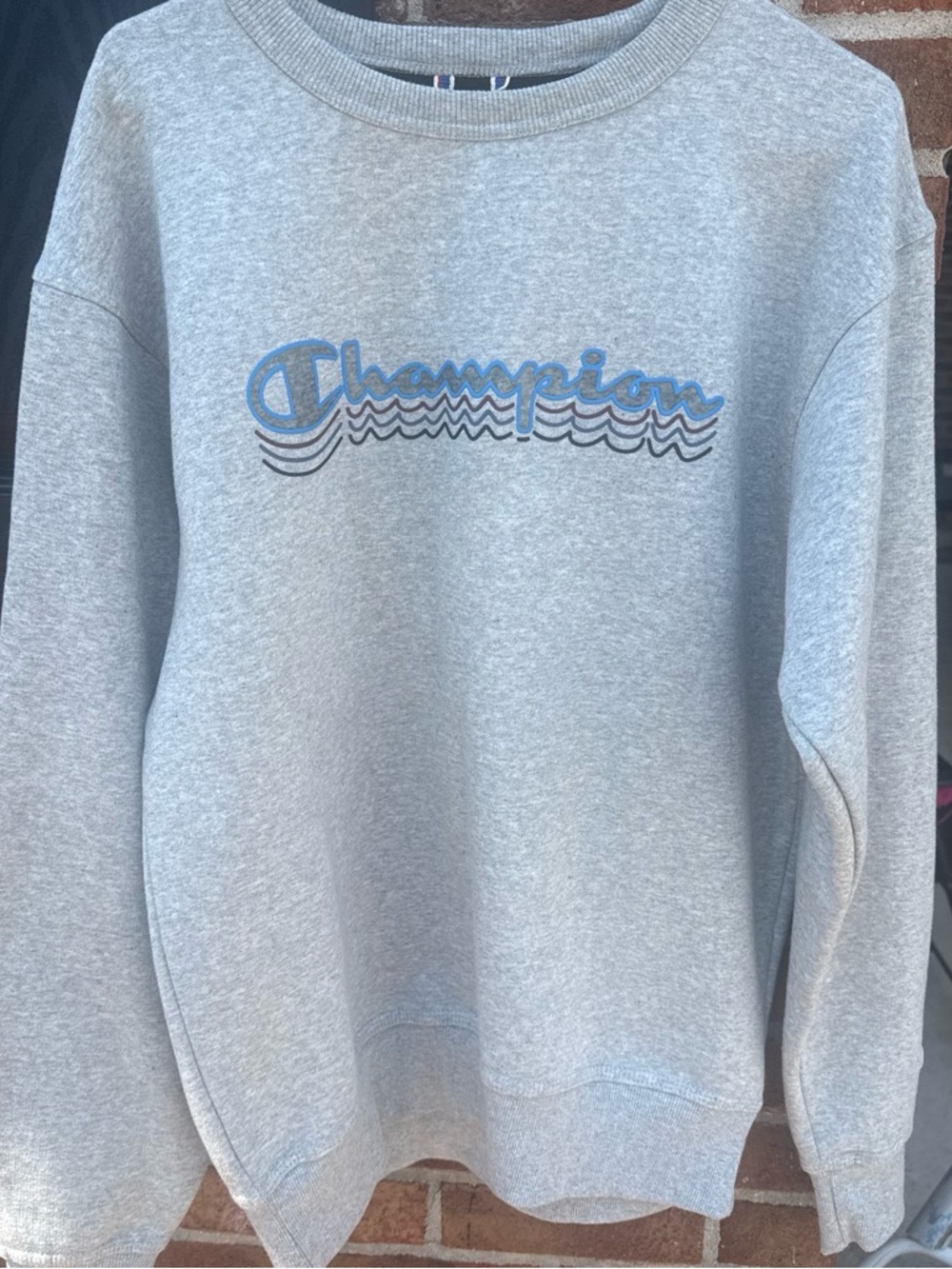 Champion Light Gray Crewneck Sweatshirt with Blue Logo